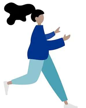Tegning av dame med langt mørkt hår som springer. Tegning.